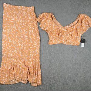 Amuse Society 2PC Ruffle Crop Top + Maxi Skirt Set Floral Orange Medium Beach